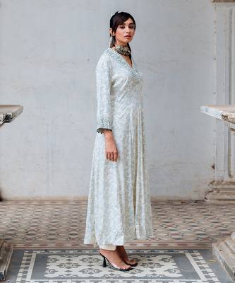 Ivory Printed And Embroidered Flared Tunic Set 2