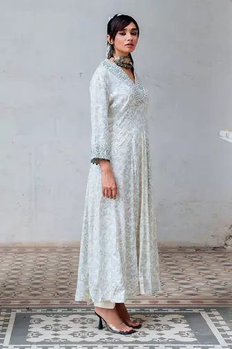 Ivory Printed And Embroidered Flared Tunic Set