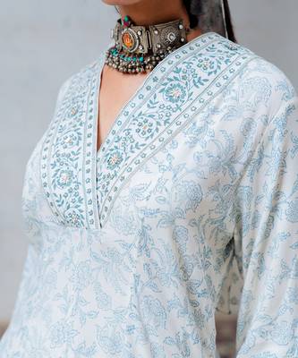 Ivory Printed And Embroidered Flared Tunic Set 3