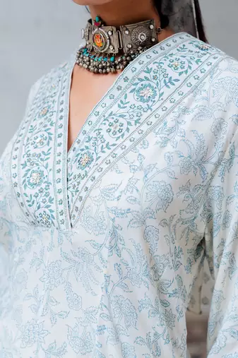 Ivory Printed And Embroidered Flared Tunic Set