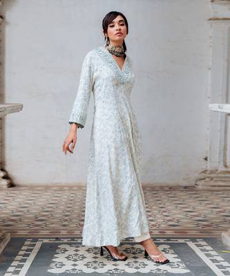 Ivory Printed And Embroidered Flared Tunic Set 4