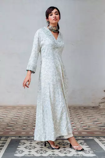 Ivory Printed And Embroidered Flared Tunic Set