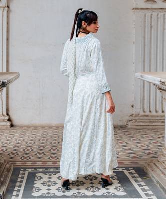 Ivory Printed And Embroidered Flared Tunic Set 5