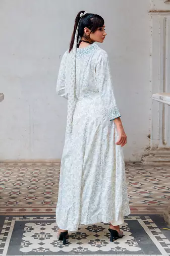 Ivory Printed And Embroidered Flared Tunic Set