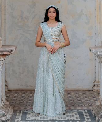 Ivory Georgette Tiered Skirt With Draped Dupatta Set 1