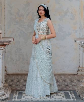 Ivory Georgette Tiered Skirt With Draped Dupatta Set 2