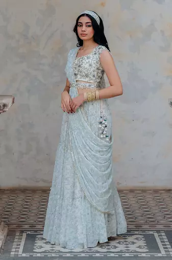 Ivory Georgette Tiered Skirt With Draped Dupatta Set