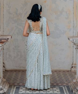 Ivory Georgette Tiered Skirt With Draped Dupatta Set 3