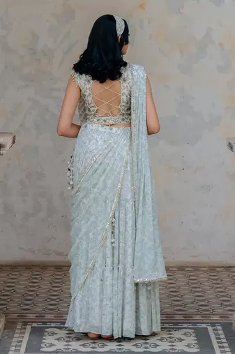 Ivory Georgette Tiered Skirt With Draped Dupatta Set