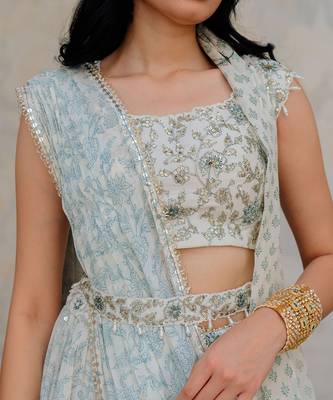 Ivory Georgette Tiered Skirt With Draped Dupatta Set 5