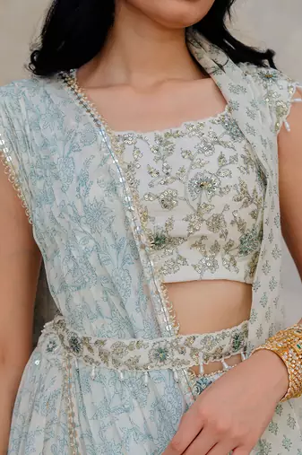 Ivory Georgette Tiered Skirt With Draped Dupatta Set