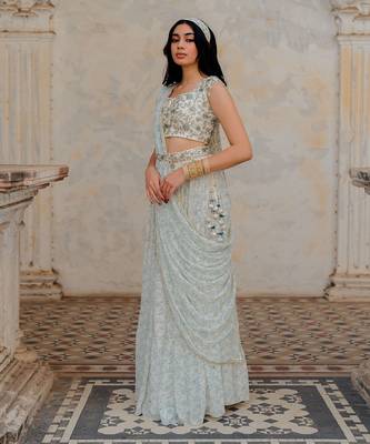 Ivory Georgette Tiered Skirt With Draped Dupatta Set 6