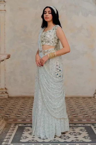 Ivory Georgette Tiered Skirt With Draped Dupatta Set