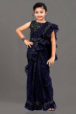 Bollywood Lycra Readymade Kids Blue Saree With Black Blouse 1