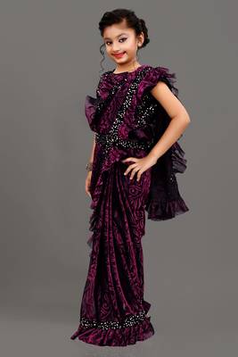 Bollywood Lycra Readymade Kids Purple Saree With Black Blouse 2