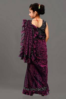 Bollywood Lycra Readymade Kids Purple Saree With Black Blouse 3