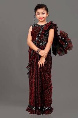 Bollywood Lycra Readymade Kids Red  Saree With Black Blouse 1