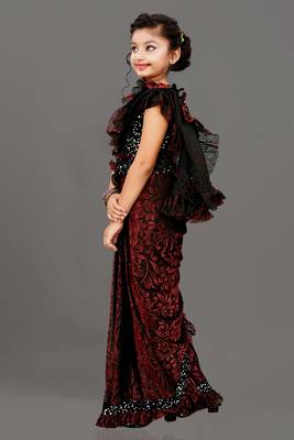 Bollywood Lycra Readymade Kids Red  Saree With Black Blouse 2