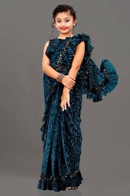 Bollywood Lycra Readymade Kids Teal  Saree With Black Blouse 1