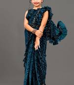 Bollywood Lycra Readymade Kids Teal  Saree With Black Blouse