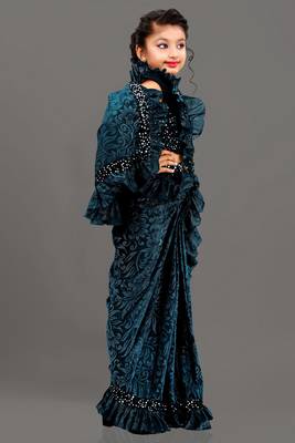 Bollywood Lycra Readymade Kids Teal  Saree With Black Blouse 2