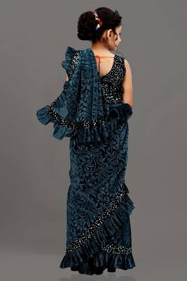 Bollywood Lycra Readymade Kids Teal  Saree With Black Blouse 3
