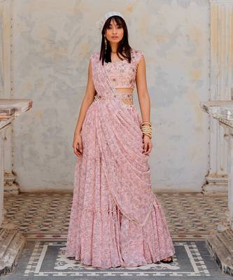 Powder Pink Georgette Tiered Skirt With Draped Dupatta Set 1