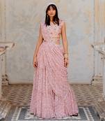 Powder Pink Georgette Tiered Skirt With Draped Dupatta Set