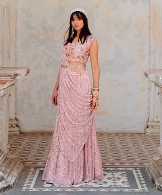 Powder Pink Georgette Tiered Skirt With Draped Dupatta Set 2