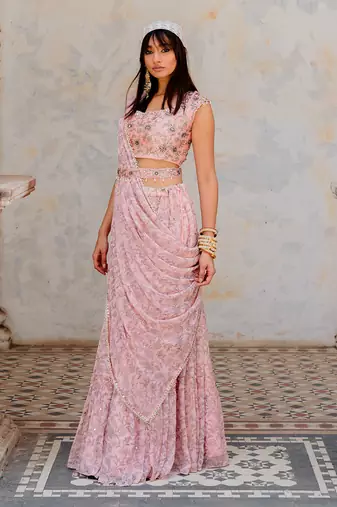 Powder Pink Georgette Tiered Skirt With Draped Dupatta Set