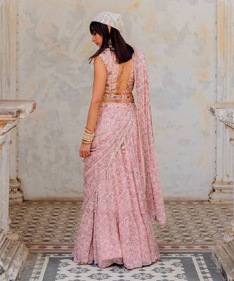 Powder Pink Georgette Tiered Skirt With Draped Dupatta Set 3