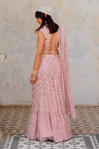 Powder Pink Georgette Tiered Skirt With Draped Dupatta Set