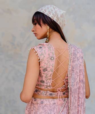 Powder Pink Georgette Tiered Skirt With Draped Dupatta Set 4