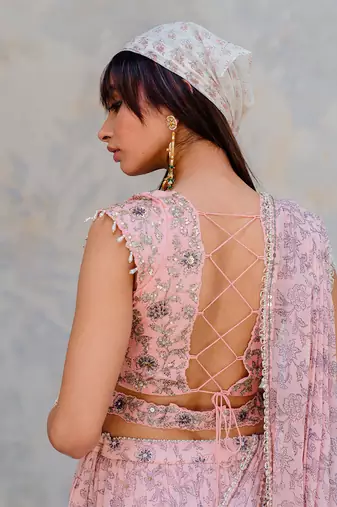Powder Pink Georgette Tiered Skirt With Draped Dupatta Set