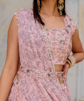 Powder Pink Georgette Tiered Skirt With Draped Dupatta Set 5
