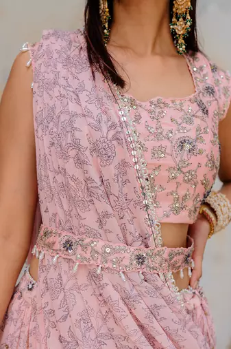 Powder Pink Georgette Tiered Skirt With Draped Dupatta Set