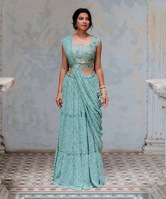 Aqua Georgette Tiered Skirt With Draped Dupatta Set 1