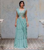 Aqua Georgette Tiered Skirt With Draped Dupatta Set