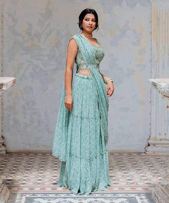 Aqua Georgette Tiered Skirt With Draped Dupatta Set 2