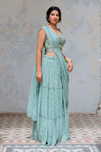 Aqua Georgette Tiered Skirt With Draped Dupatta Set