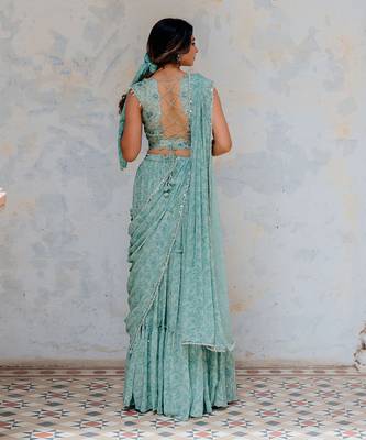 Aqua Georgette Tiered Skirt With Draped Dupatta Set 3