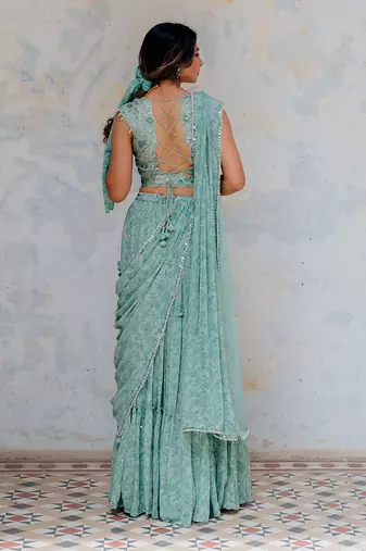 Aqua Georgette Tiered Skirt With Draped Dupatta Set