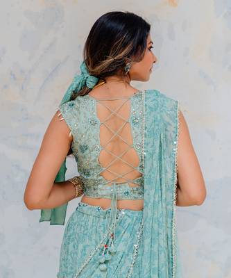 Aqua Georgette Tiered Skirt With Draped Dupatta Set 4