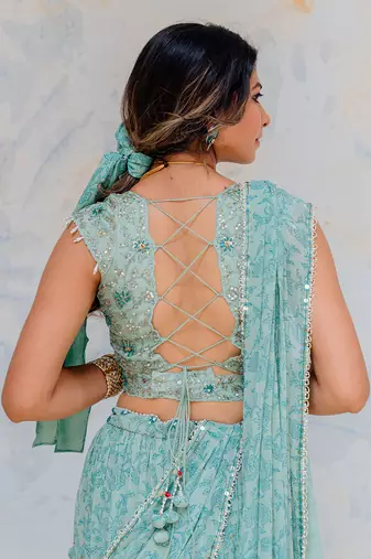 Aqua Georgette Tiered Skirt With Draped Dupatta Set