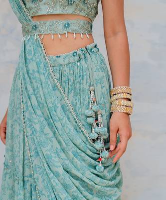 Aqua Georgette Tiered Skirt With Draped Dupatta Set 5