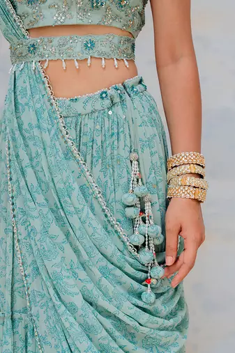Aqua Georgette Tiered Skirt With Draped Dupatta Set
