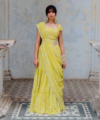 Moss Green Georgette Tiered Skirt With Draped Dupatta Set 1