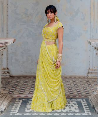Moss Green Georgette Tiered Skirt With Draped Dupatta Set 2