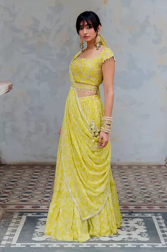 Moss Green Georgette Tiered Skirt With Draped Dupatta Set