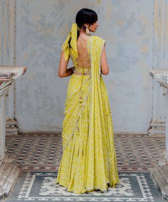 Moss Green Georgette Tiered Skirt With Draped Dupatta Set 3